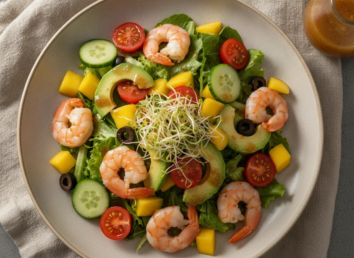Ensalada de camarones con aguacate y mango photo