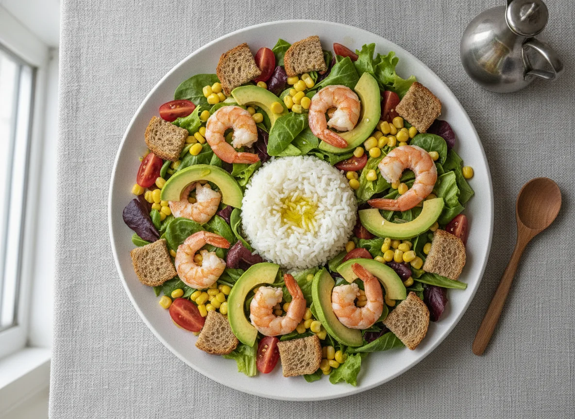 Ensalada de camarones con arroz y aguacate photo