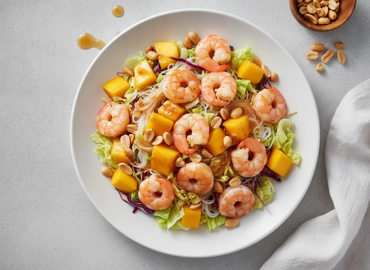 Ensalada de camarones con mango y cacahuates photo