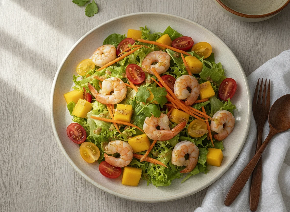 Ensalada de camarones con mango y vegetales photo