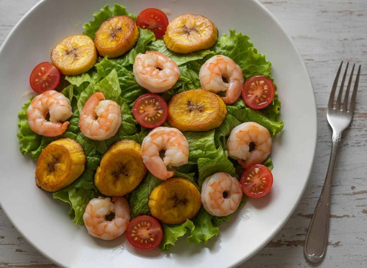 Ensalada de camarones con plátano maduro photo