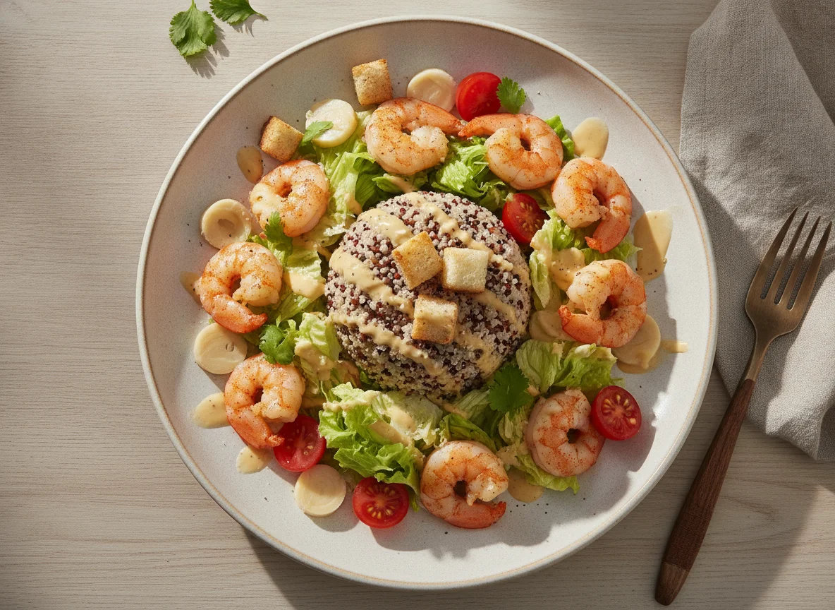Ensalada de camarones con quinoa y aderezo César photo