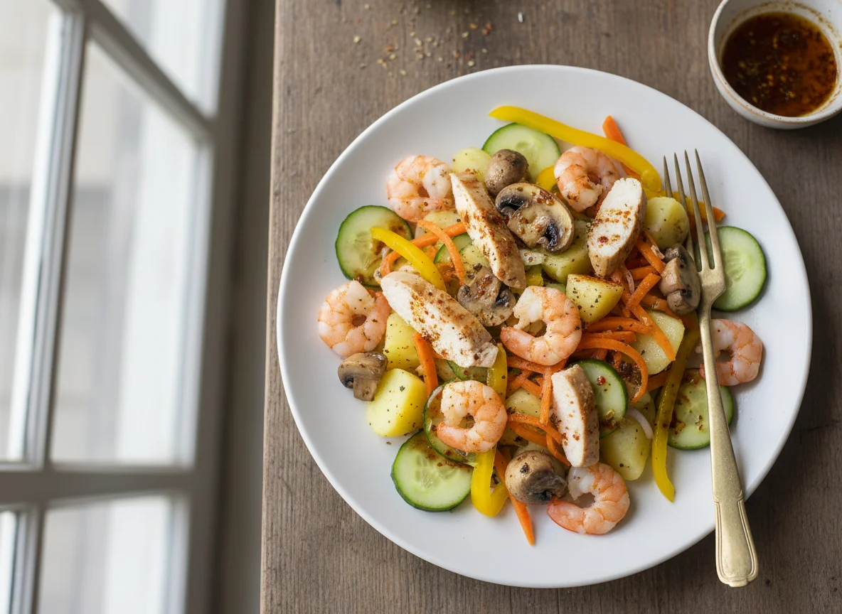 Ensalada de camarones, pollo y vegetales photo