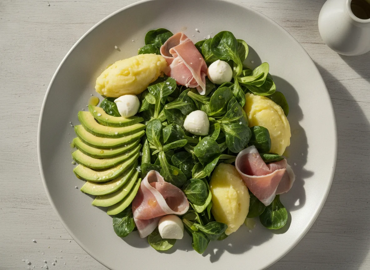 Ensalada de canónigos con aguacate, puré de patatas y jamón cocido photo