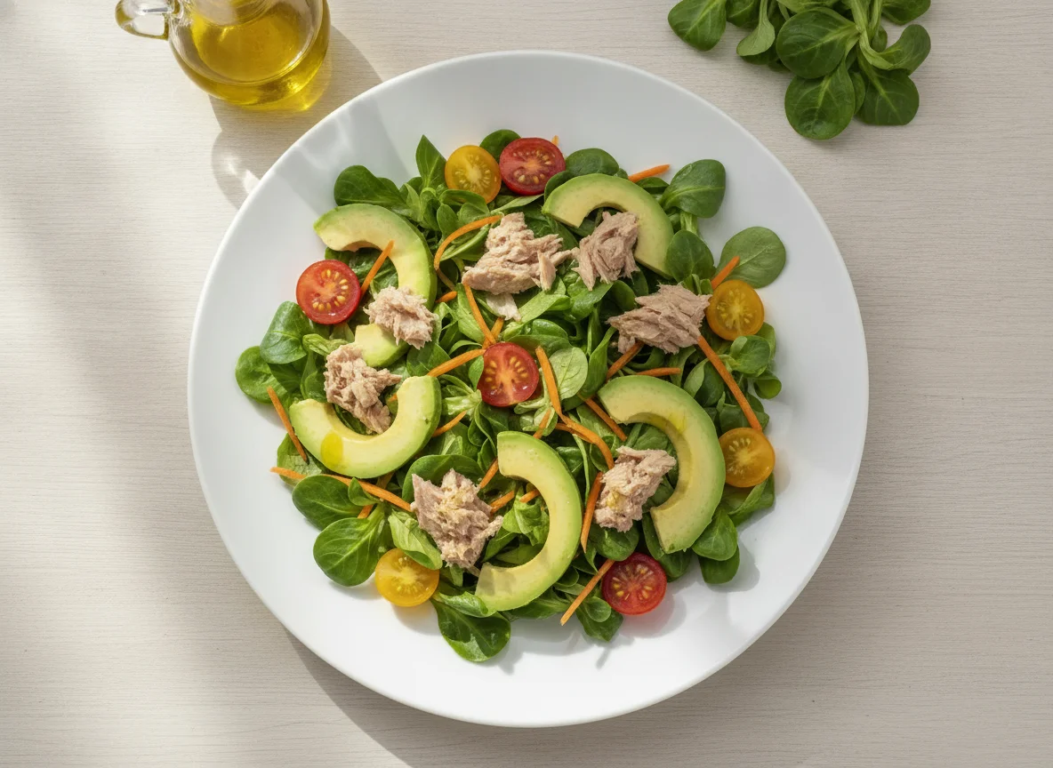 Ensalada de canónigos con atún y aguacate photo