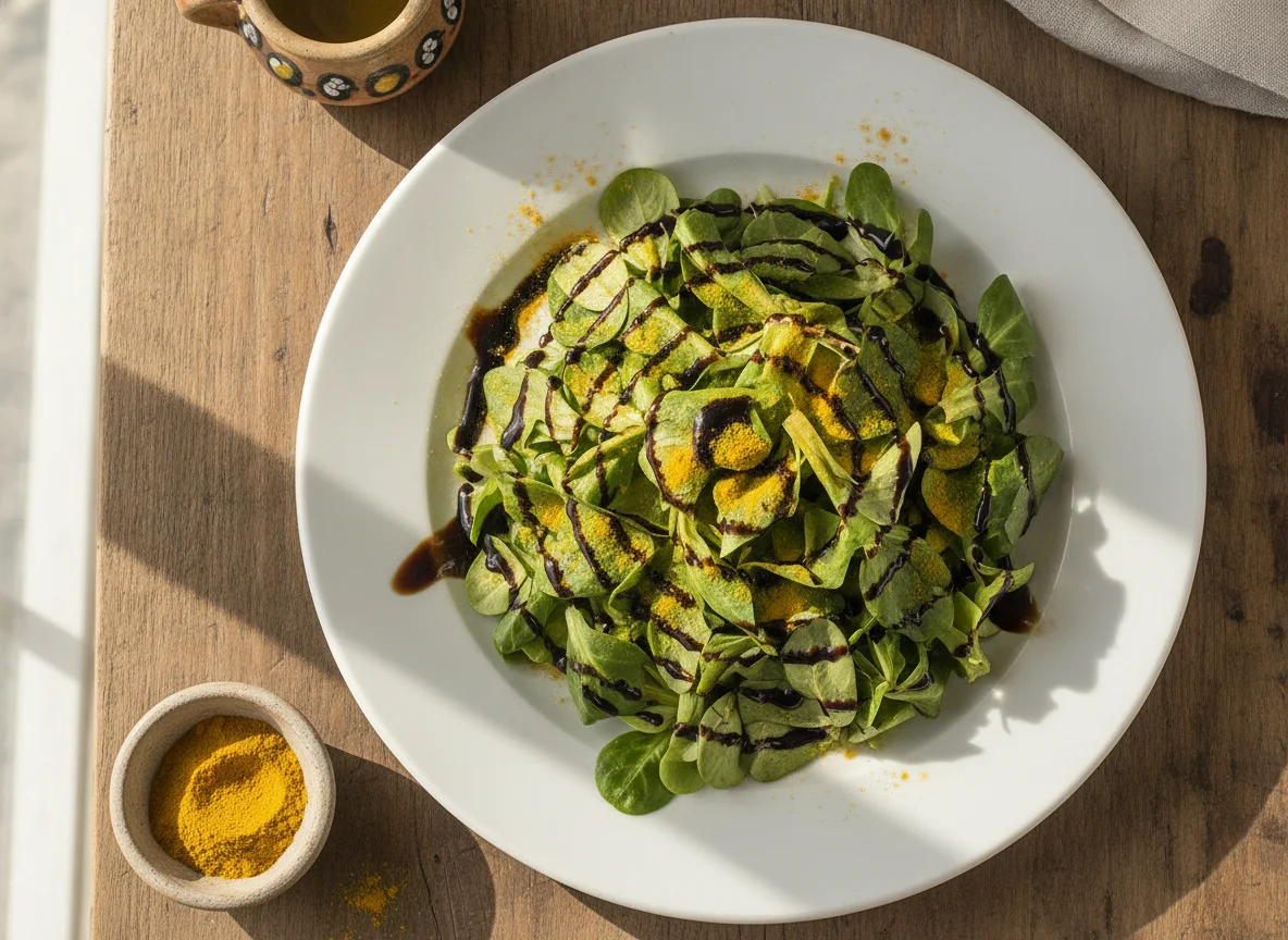 Ensalada de canónigos con crema de balsámico y cúrcuma photo