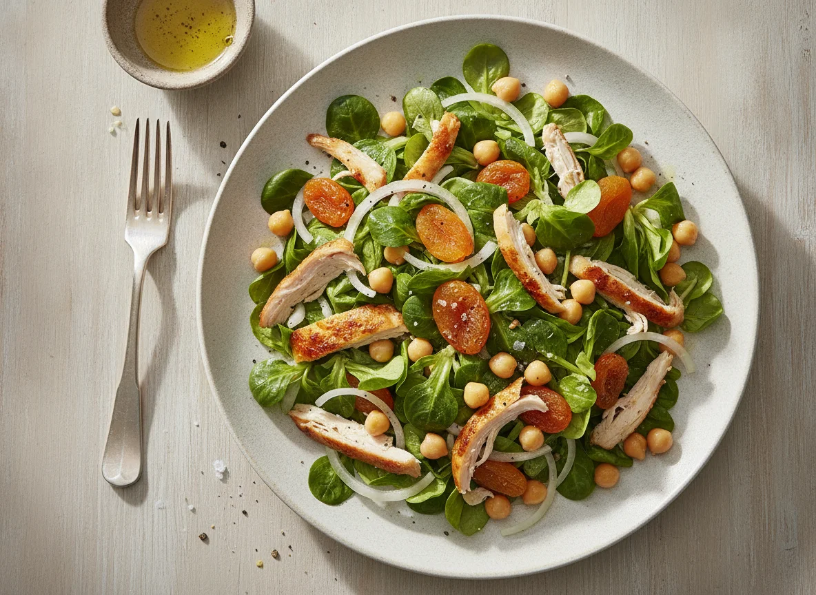 Ensalada de canónigos con garbanzos, pollo asado y orejones photo