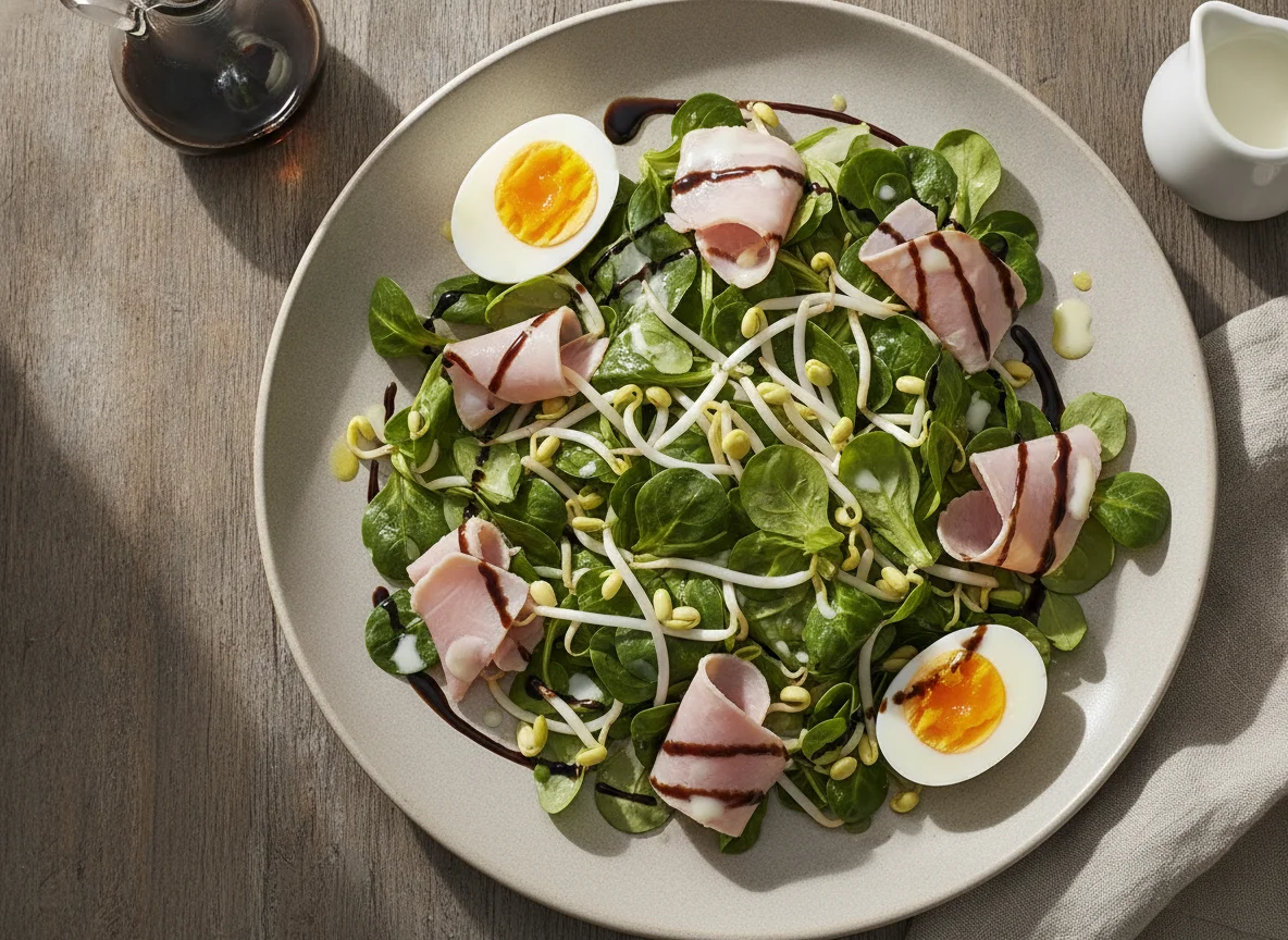 Ensalada de canónigos con huevo, brotes de soja y jamón cocido photo