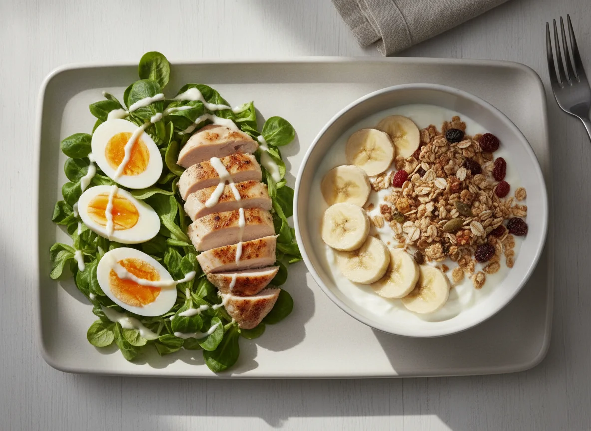 Ensalada de canónigos con huevo y yogur con muesli y plátano photo