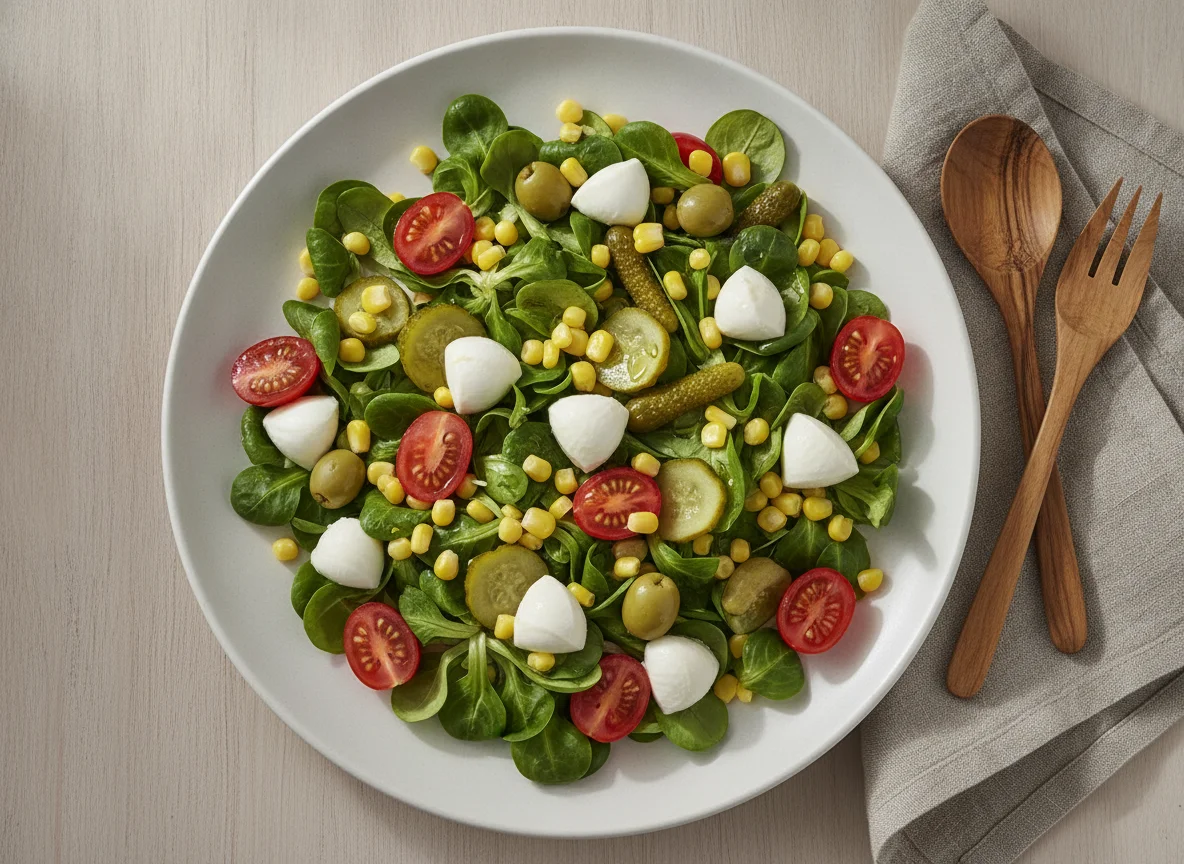 Ensalada de canónigos con mozzarella y maíz photo