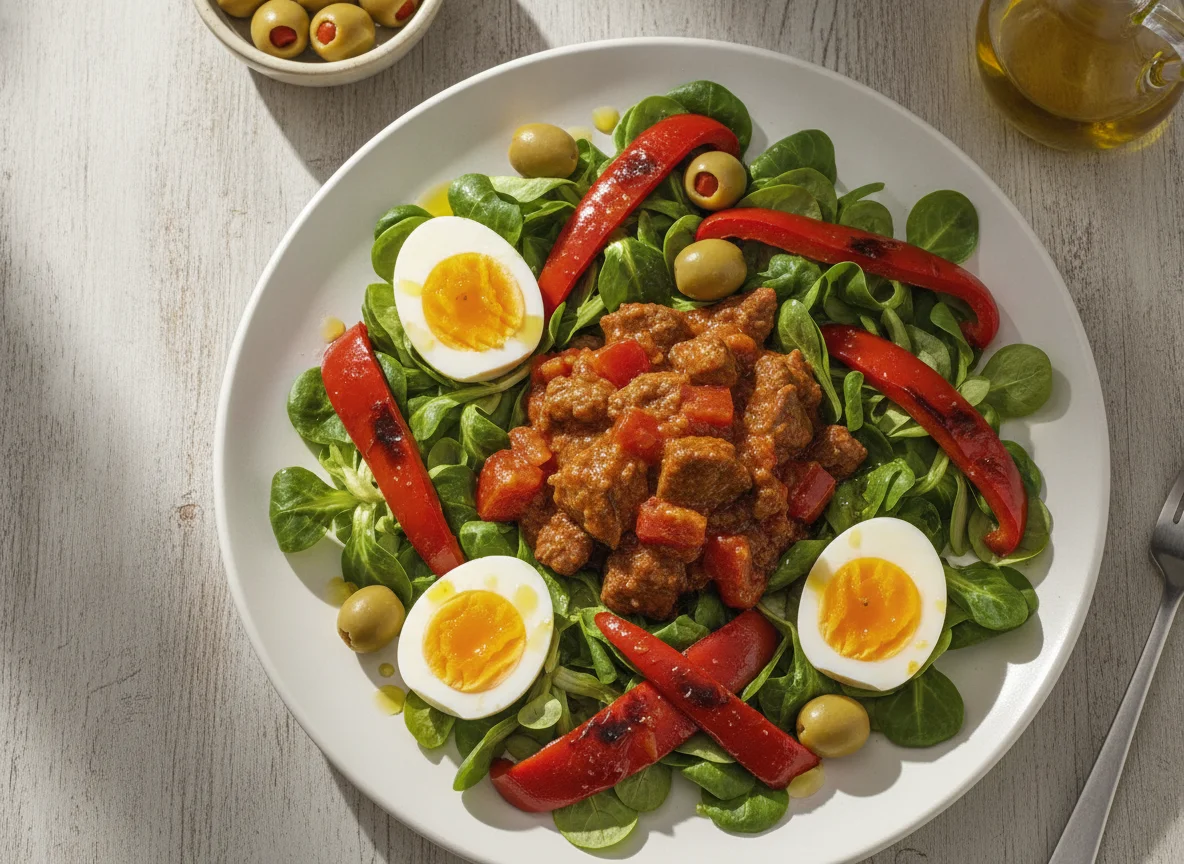 Ensalada de canónigos con pimientos asados, huevos cocidos y guiso de carne photo