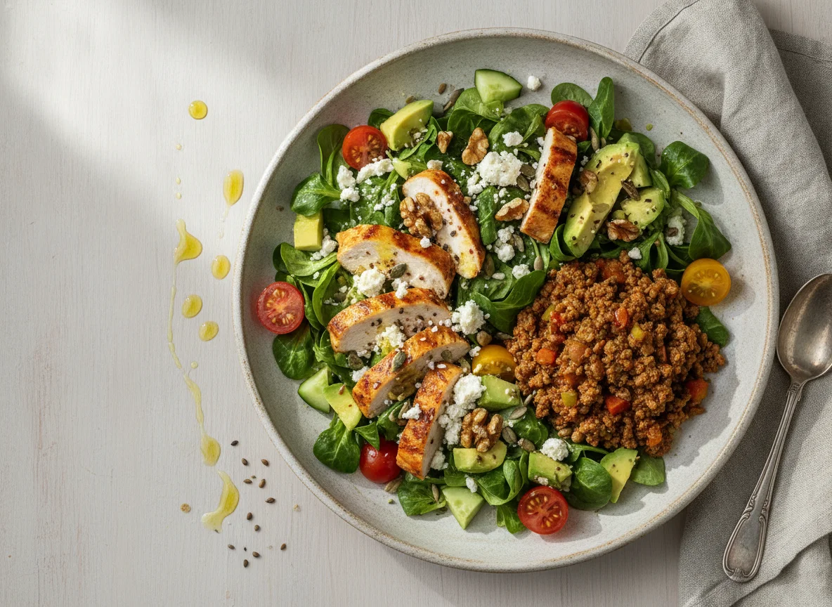 Ensalada de canónigos con pollo marinado y picadillo photo