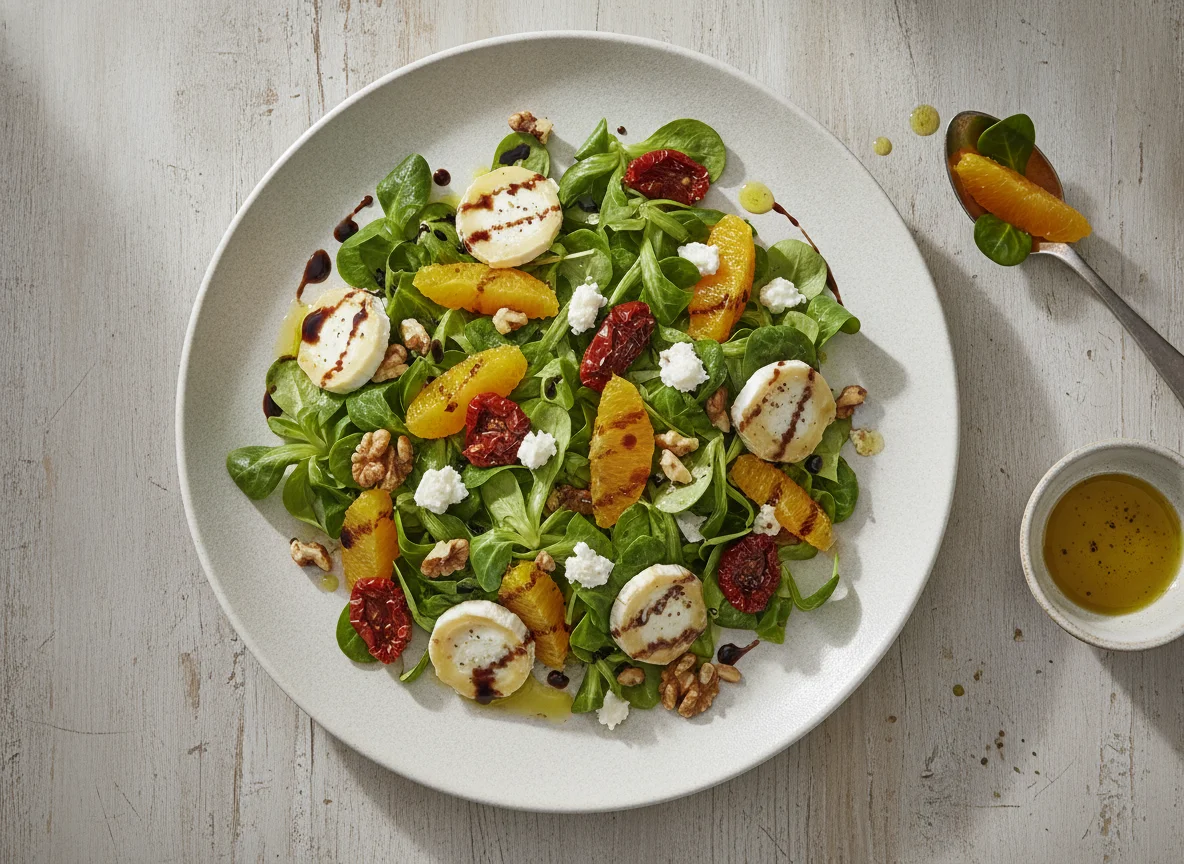 Ensalada de canónigos con queso de cabra, nueces y naranja photo