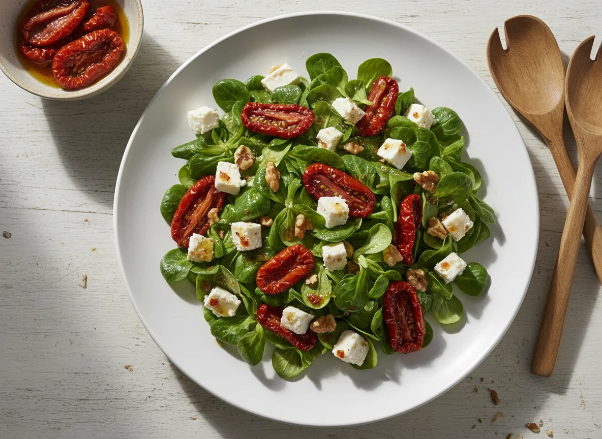 Ensalada de canónigos con queso feta y tomate seco photo