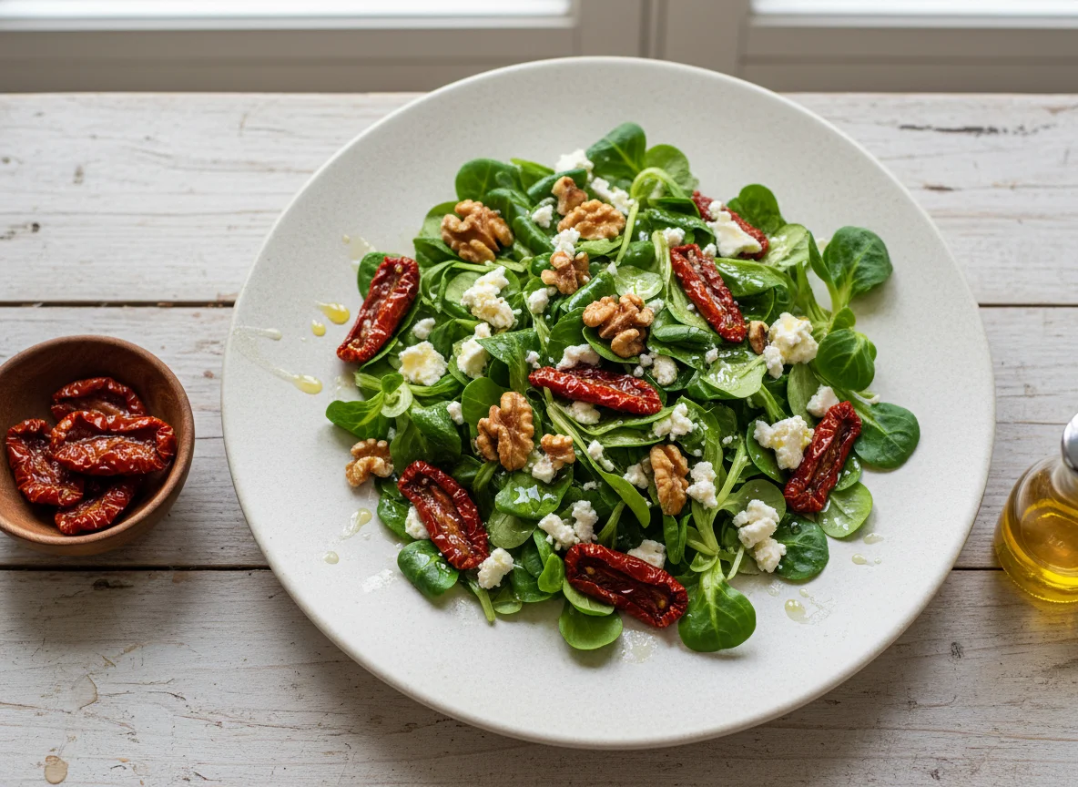 Ensalada de canónigos con tomate seco, queso feta y nueces photo
