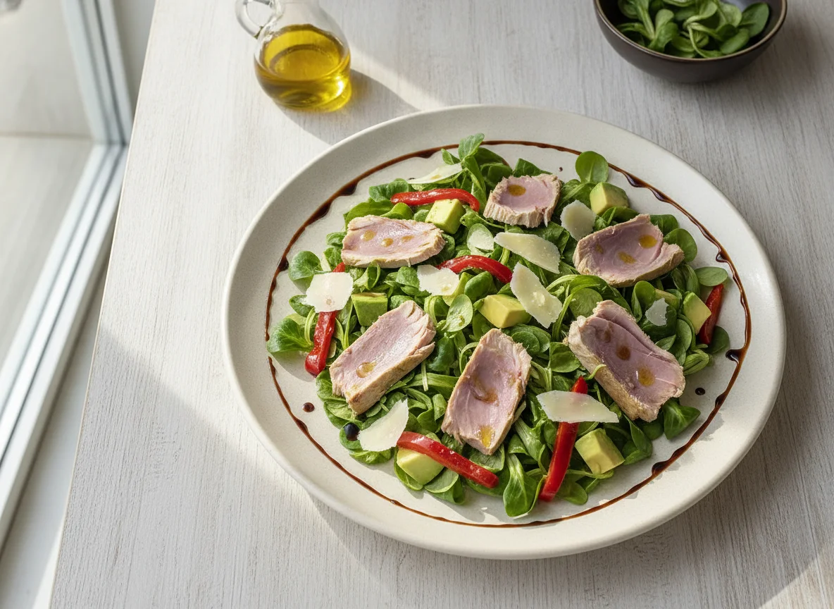 Ensalada de canónigos con ventresca de atún, aguacate y queso photo