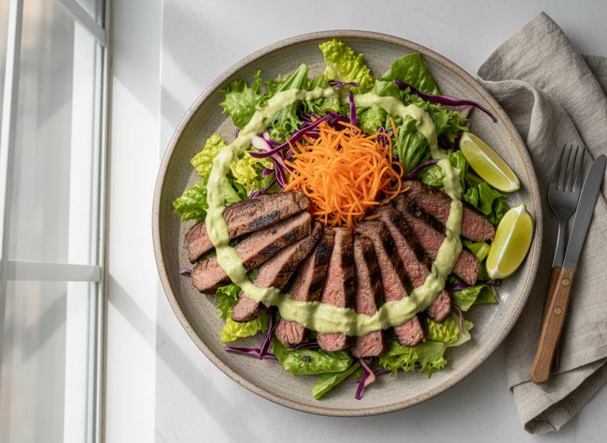 Ensalada de carne asada con aderezo de aguacate photo