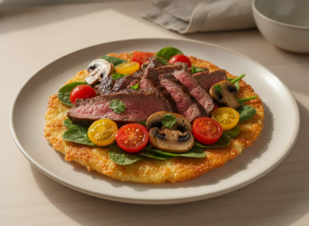Ensalada de carne con tomates cherry y champiñones sobre costra de queso photo