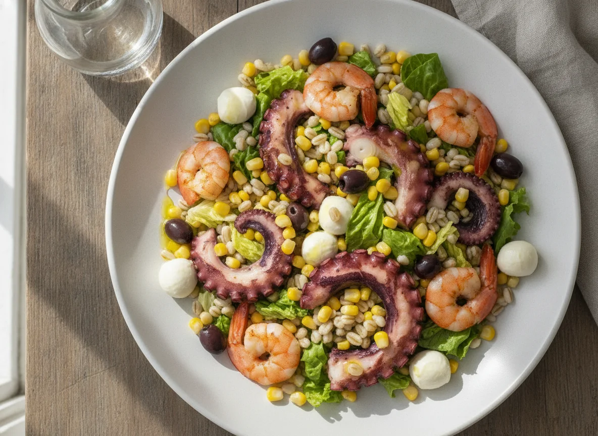 Ensalada de cebada con pulpo y gambas photo