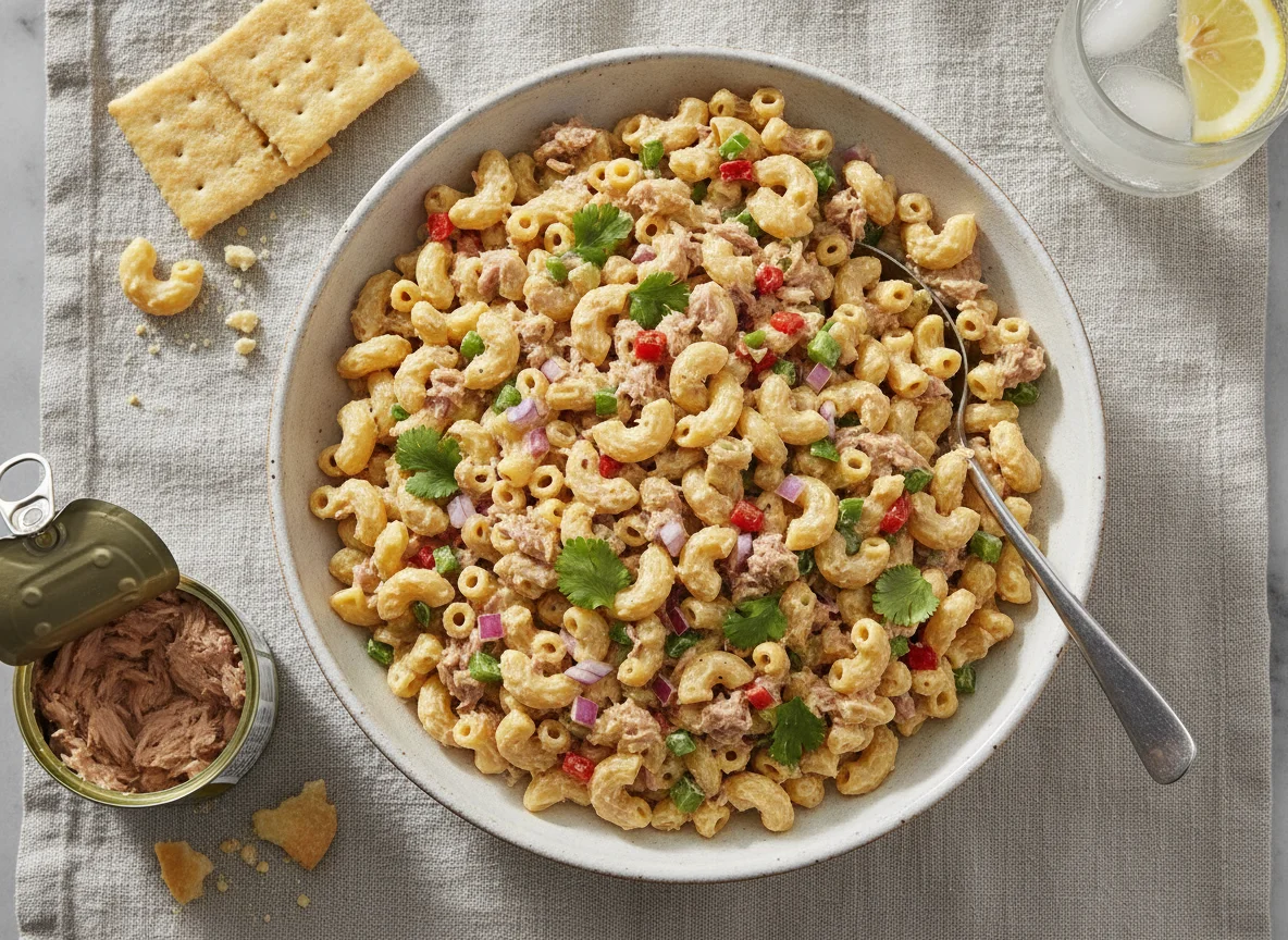 Ensalada de coditos con atún y galletas saladas photo