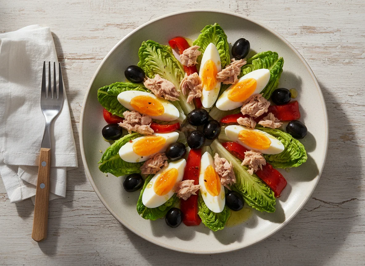 Ensalada de cogollos con atún y huevo photo