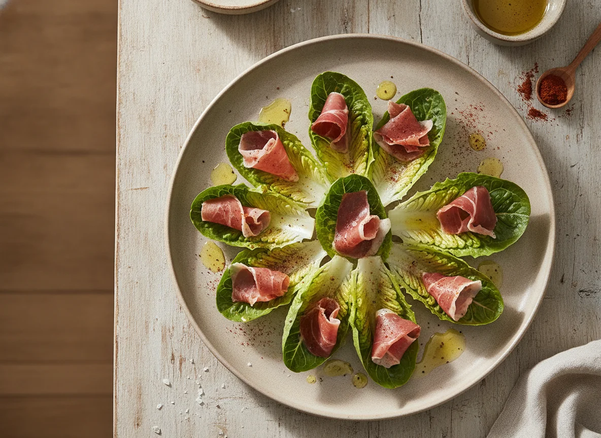 Ensalada de cogollos con jamón y pimentón photo