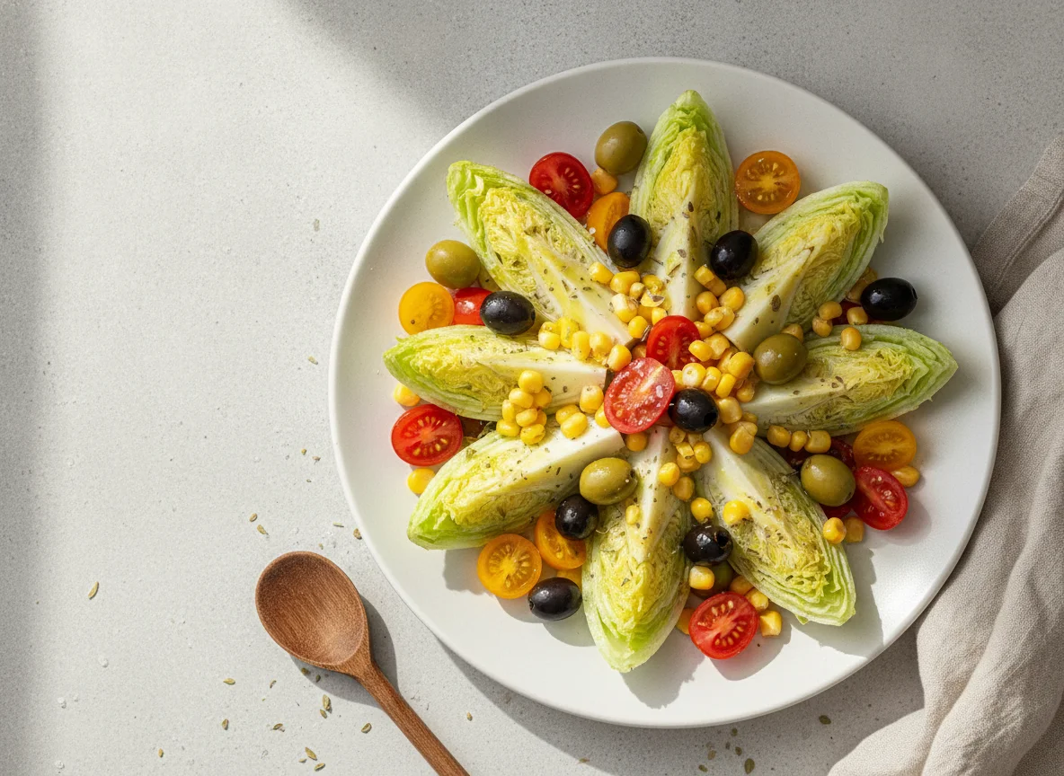 Ensalada de cogollos con maíz, tomates cherry y aceitunas photo