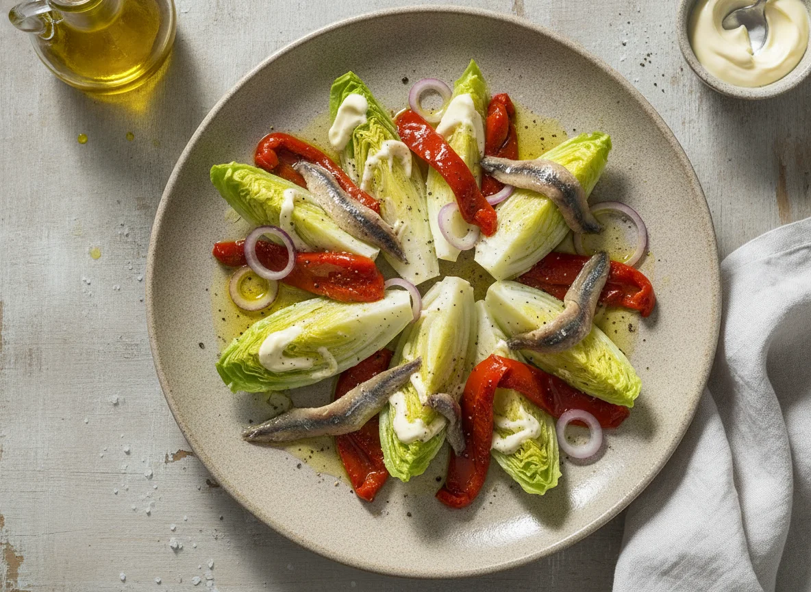 Ensalada de cogollos con pimientos y anchoas photo
