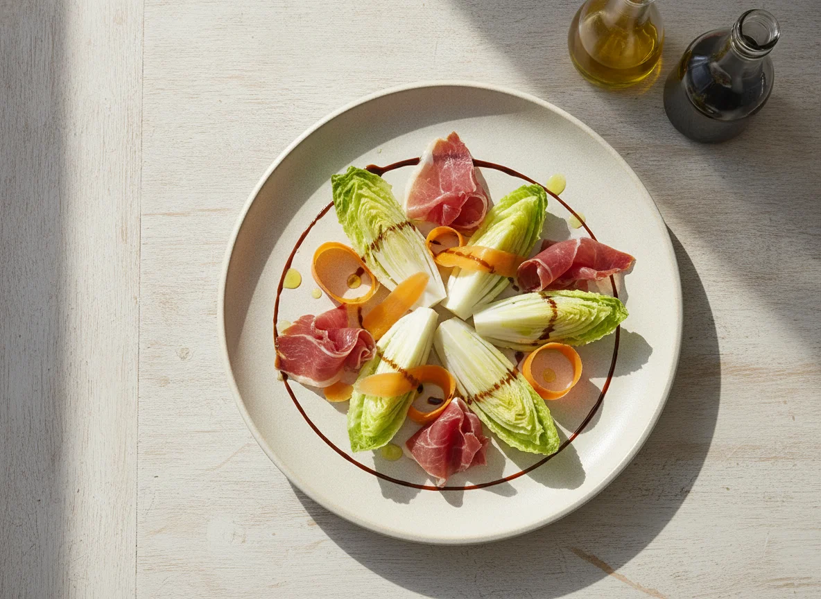 Ensalada de cogollos, zanahoria y jamón con aliño photo