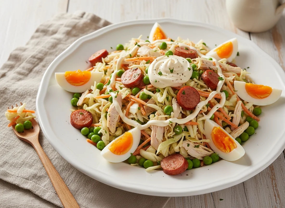 Ensalada de col y guisantes con pollo y huevo photo
