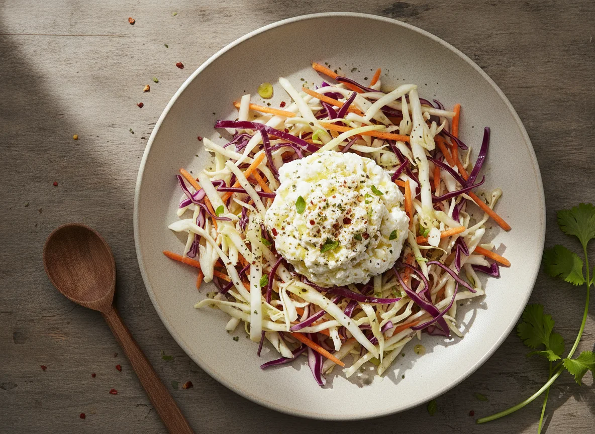 Ensalada de col y zanahoria con queso cottage photo