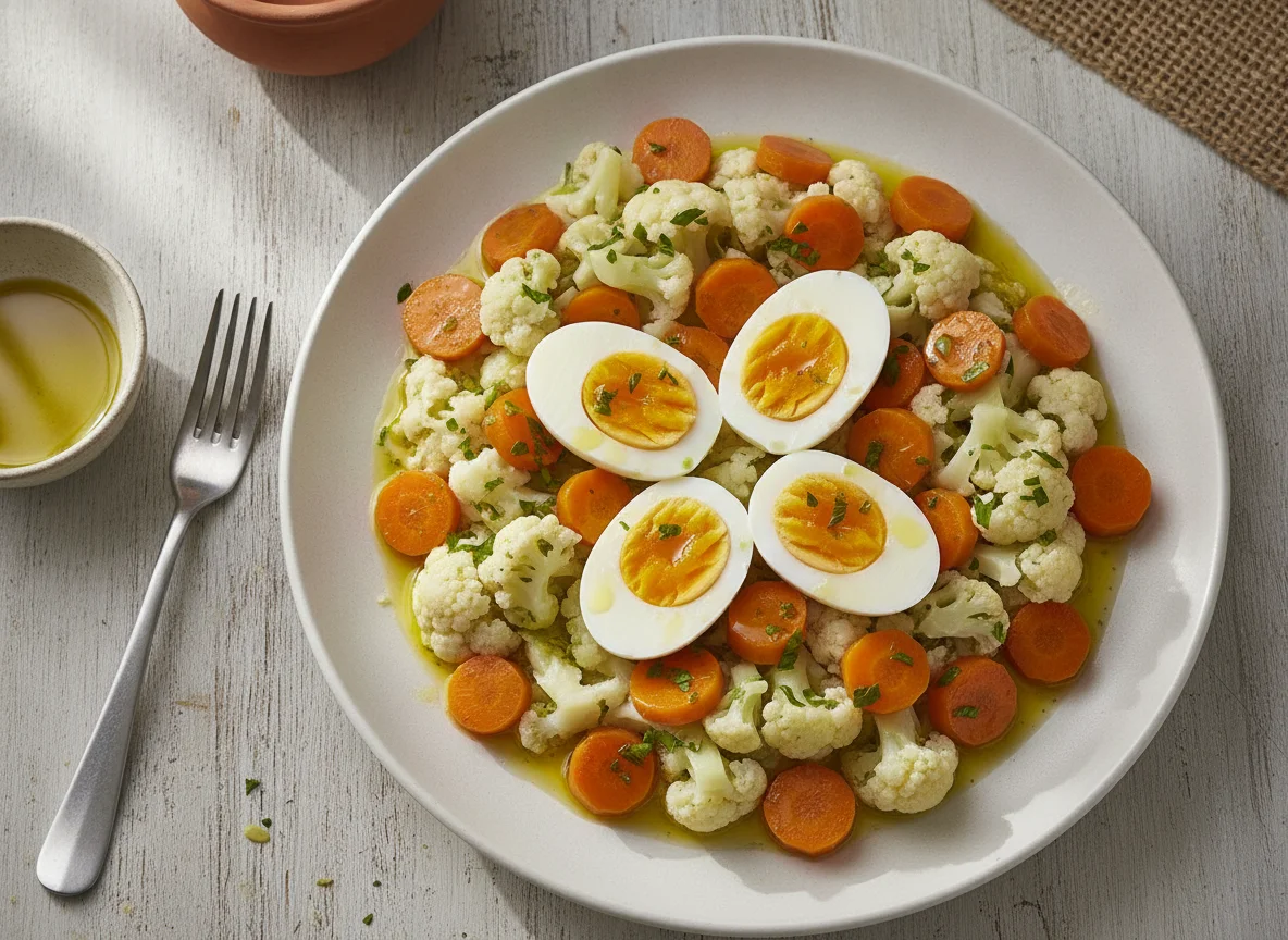 Ensalada de coliflor, zanahoria y huevo cocido photo
