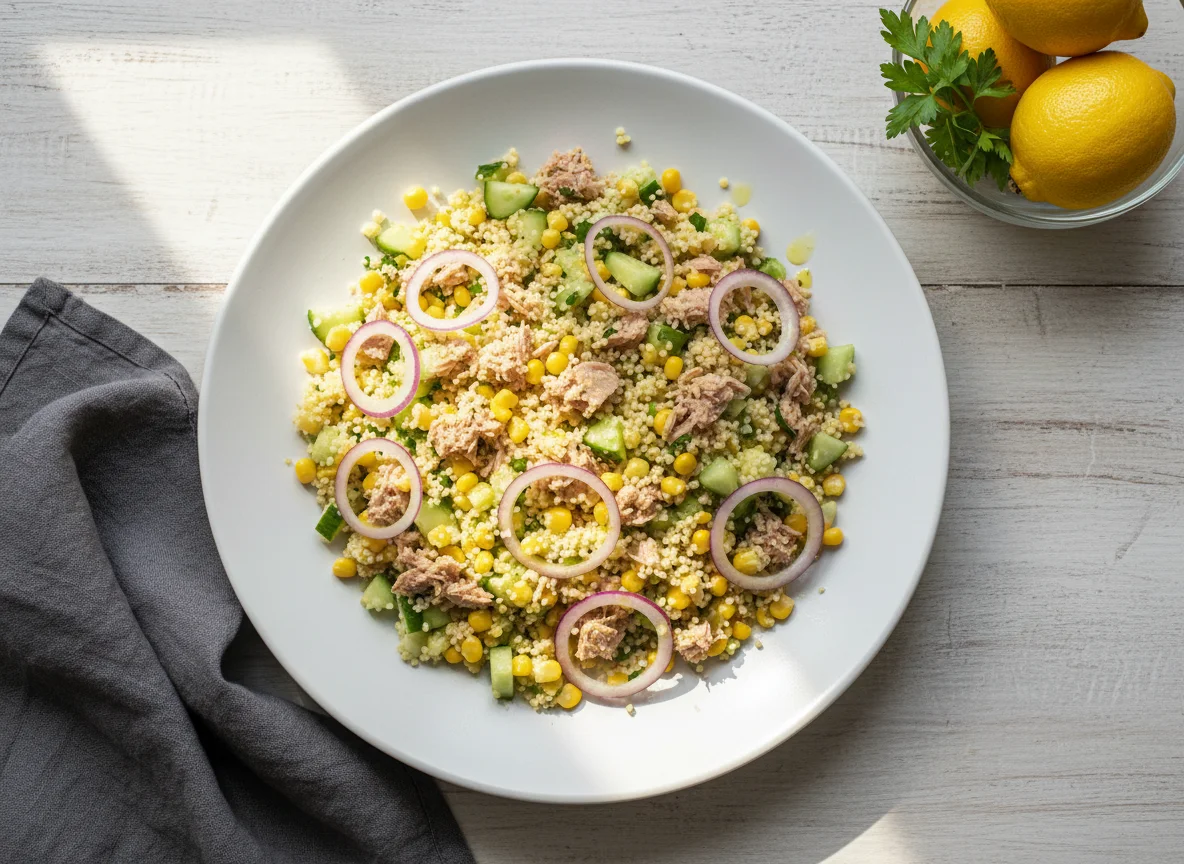 Ensalada de cuscús con atún y vegetales photo