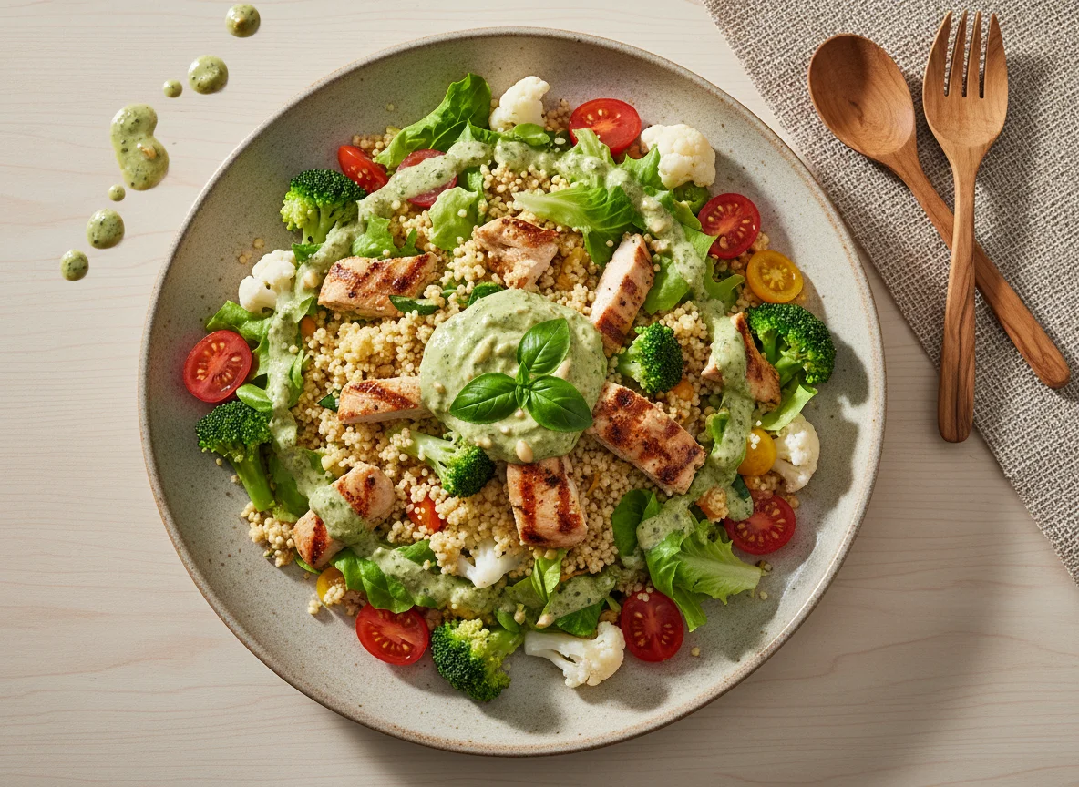 Ensalada de cuscús con pollo y vegetales photo