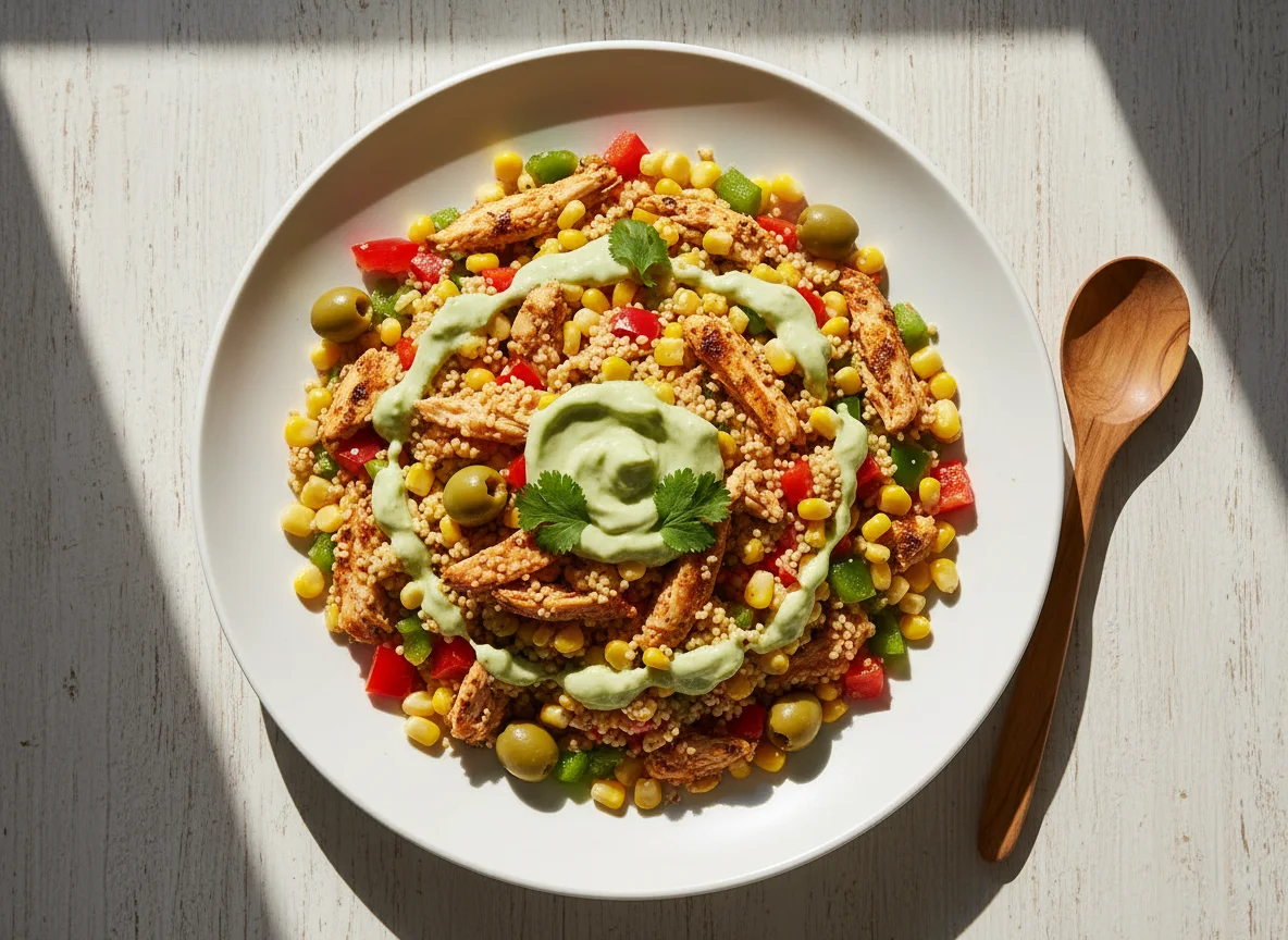 Ensalada de cuscús con pollo y verduras photo