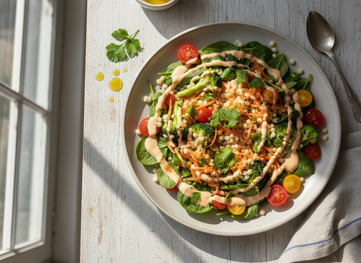 Ensalada de cuscús perla con vegetales y aderezo photo