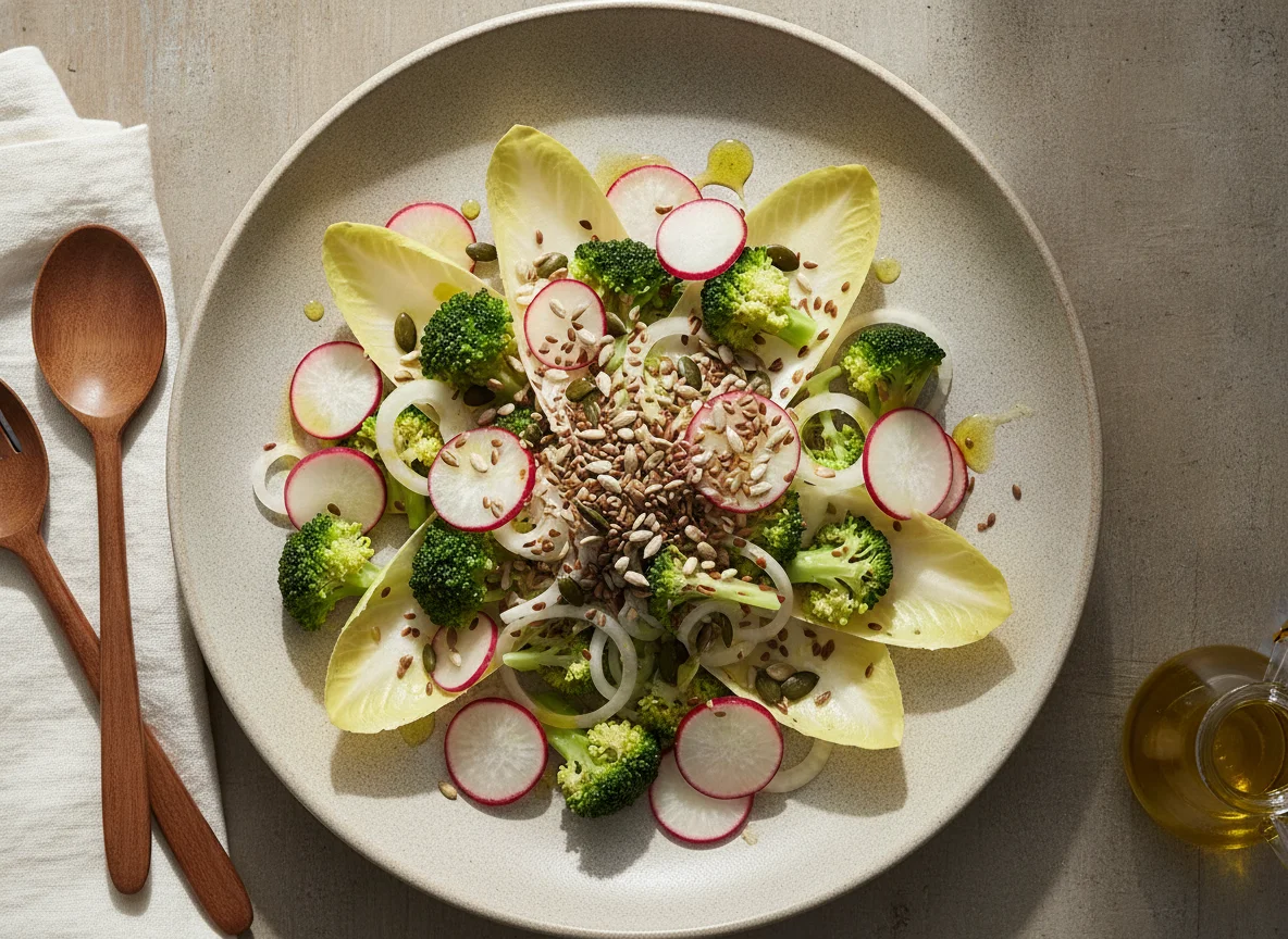 Ensalada de endivias, rábano y brócoli con semillas photo