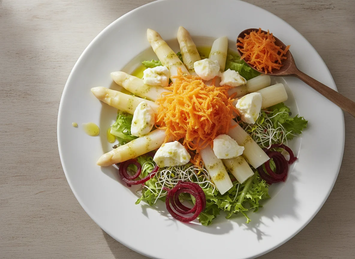 Ensalada de espárragos blancos, zanahoria y mozzarella photo