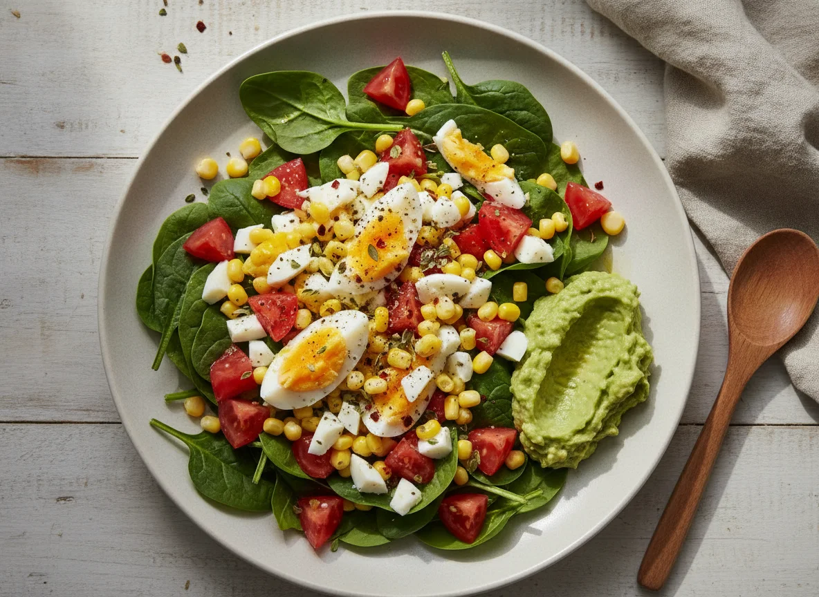 Ensalada de espinaca, tomate, choclo y huevo photo