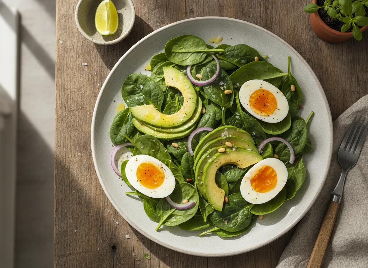 Ensalada de espinacas con aguacate y huevo photo