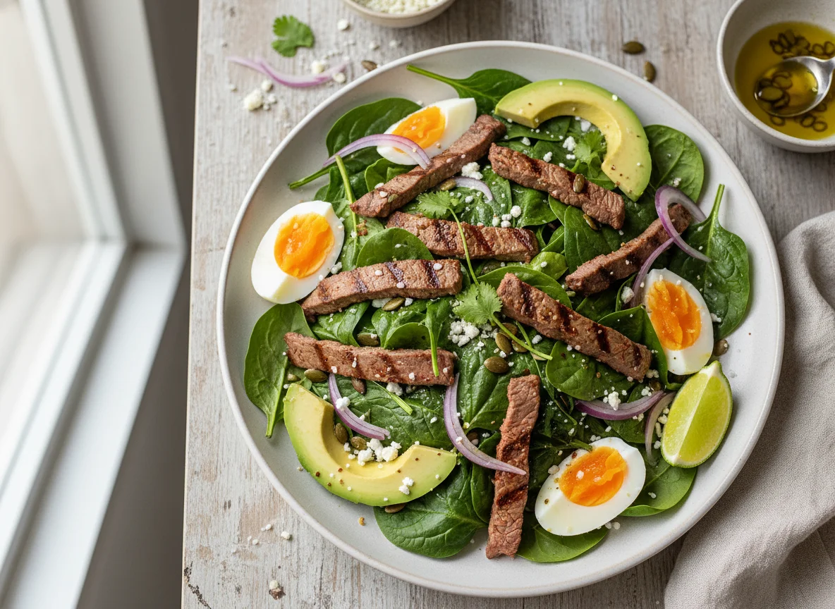 Ensalada de espinacas con carne y aguacate photo