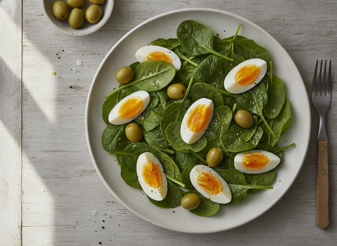 Ensalada de espinacas con huevo y aceitunas photo