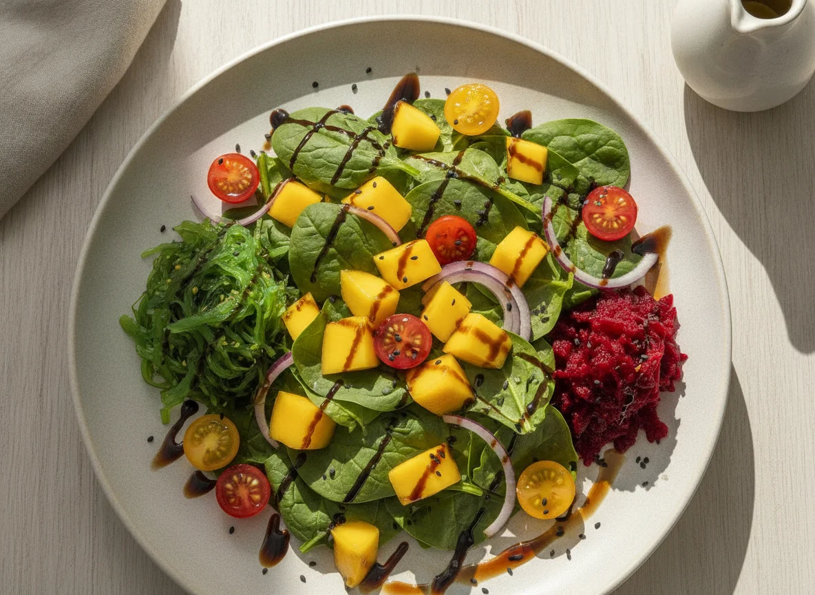 Ensalada de espinacas con mango y algas photo