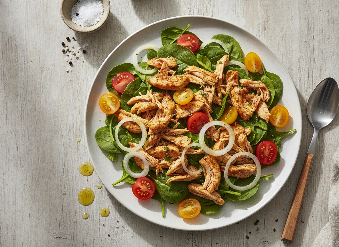 Ensalada de espinacas con pollo desmenuzado y cebolla photo