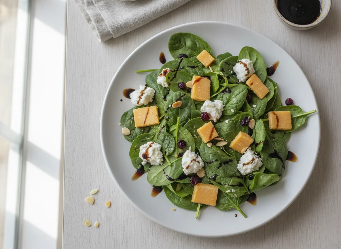 Ensalada de espinacas con queso y vinagreta photo