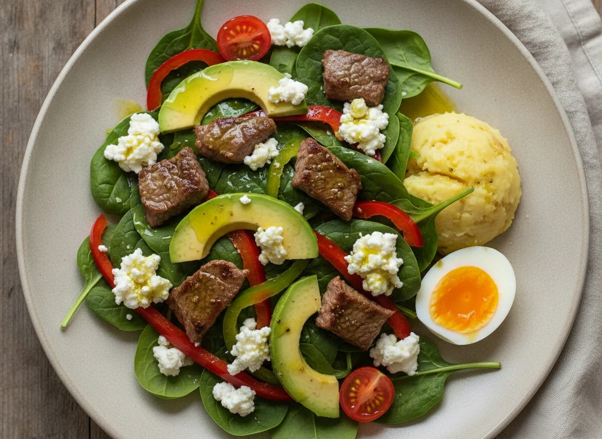 Ensalada de espinacas con ternera salteada, aguacate y queso cottage photo