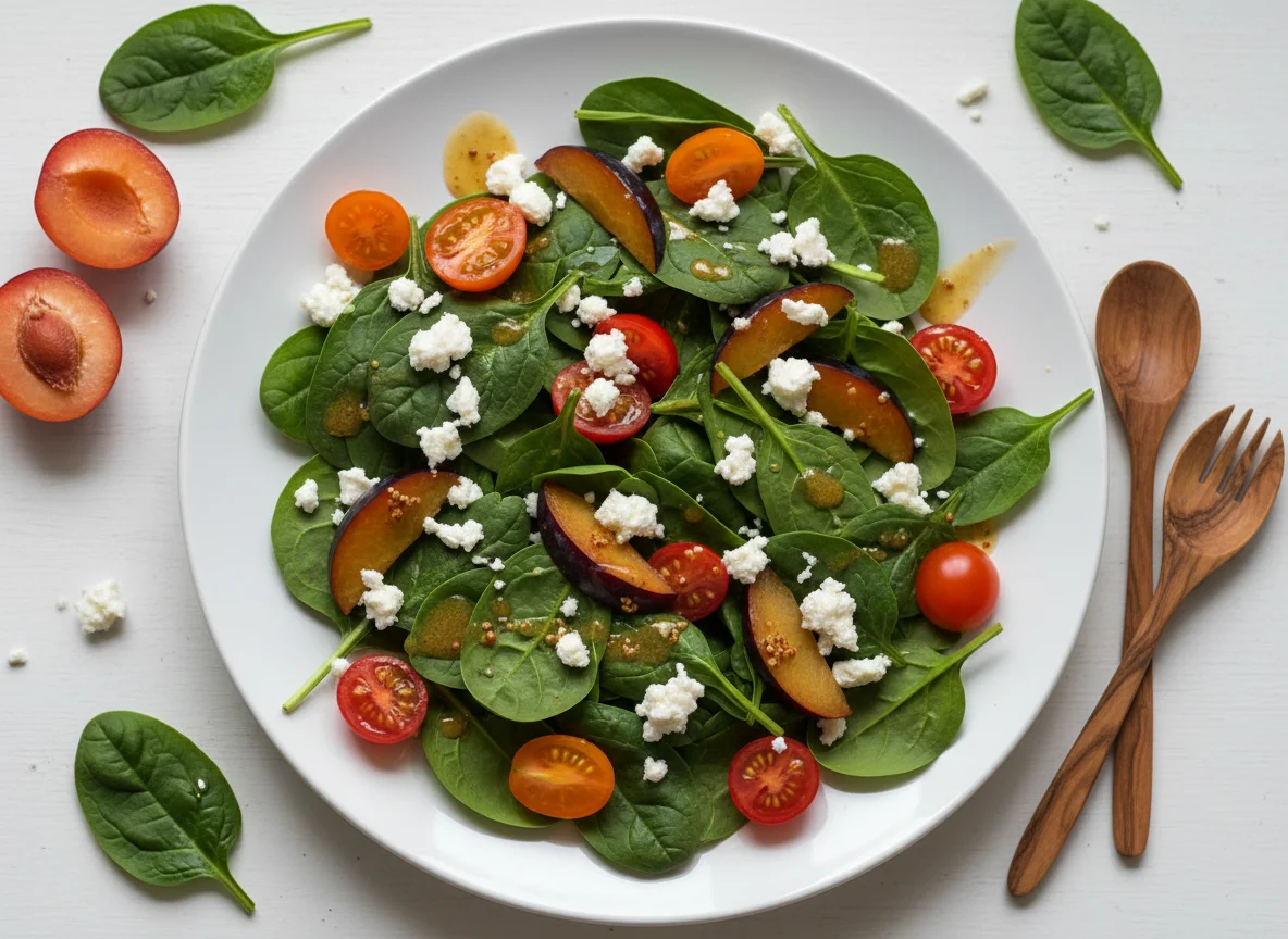 Ensalada de espinacas con tomate, queso feta y ciruela photo