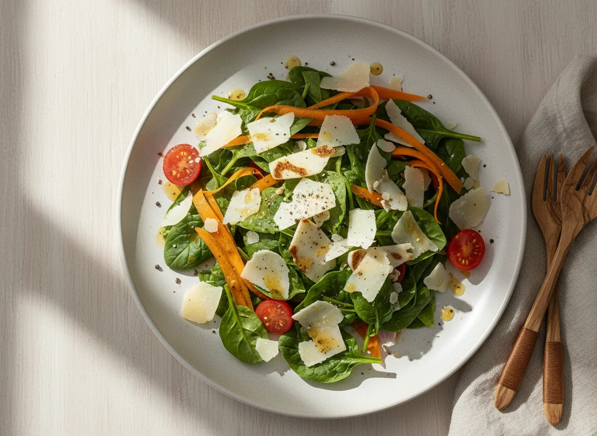 Ensalada de espinacas, zanahoria y queso parmesano photo