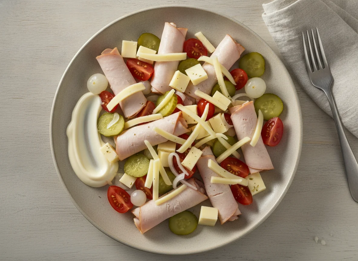 Ensalada de fiambre de pavo con encurtidos y queso photo
