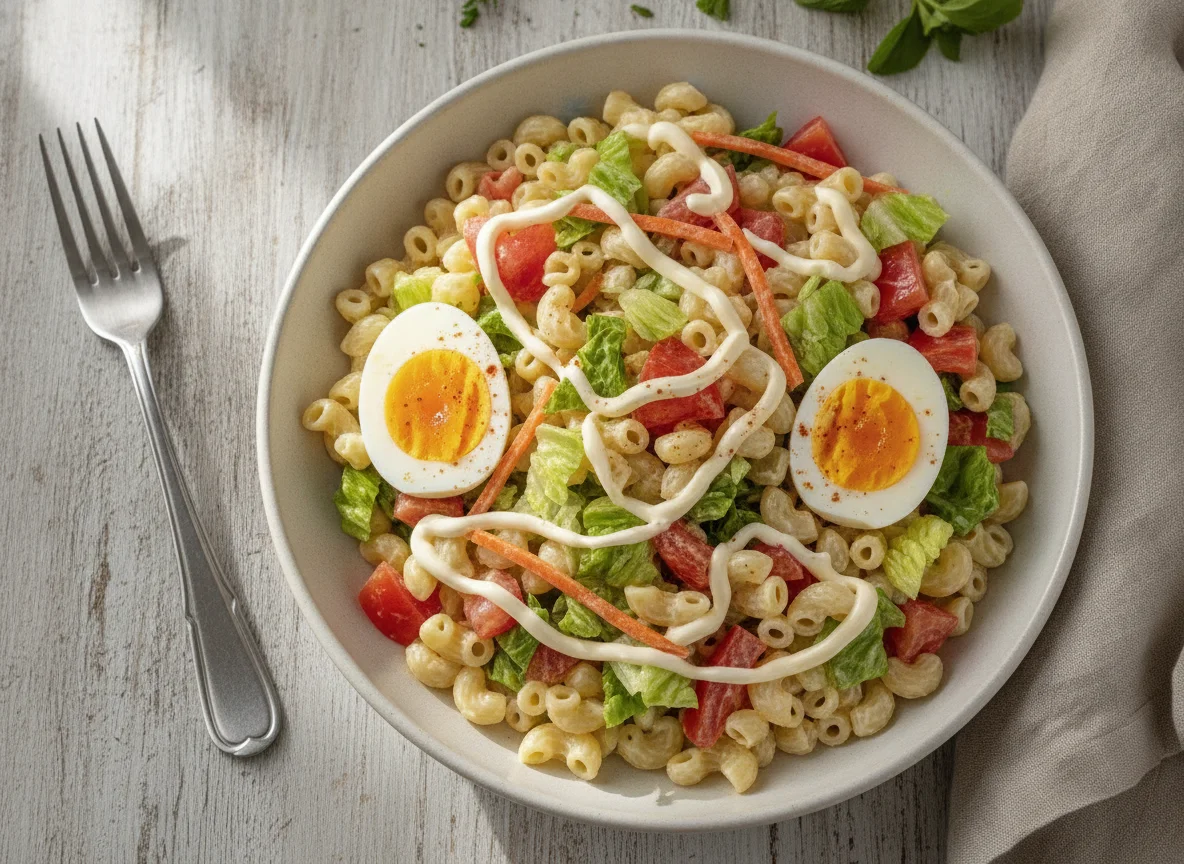 Ensalada de fideos con huevo duro photo